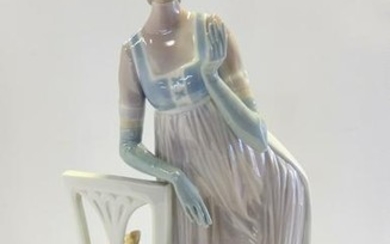 Lladro Figurine Lady Empire With Tall Chair & Dog