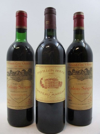 3 bouteilles 1 bt : PAVILLON ROUGE DU CH MARGAUX 1985 Margaux (étiquette abimée)