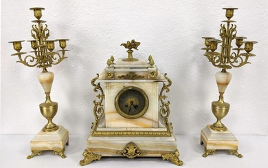 3pc Antique Onyx Garniture Clock Set. BAILEY, BANKS & B