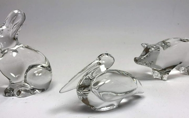 3pc BACCARAT Glass Animal lot. Rabbit, pig and pelican.