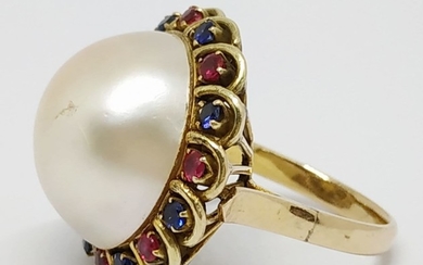 A 14 Karat Yellow Gold, Mabe Pearl, Ruby and Sapphire Ring