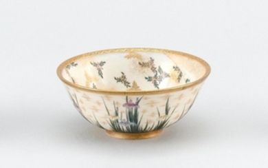 POTTERY BOWL Attributed to Hankinzan. With spiral floral design on interior. Iris design on exterior. Diameter 4.1".