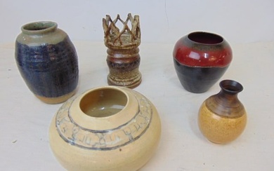 5 studio pottery, vases, bowls, candle holder (?), some signed illegibly, in good condition.