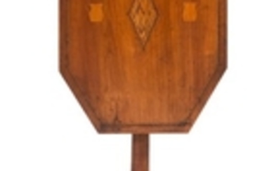 FEDERAL TILT-TOP CANDLESTAND In cherry. Octagonal top inlaid with multi-wood banding and a central diamond flanked by water pitchers...