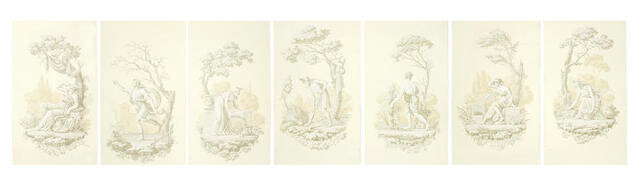A part set of seven mid 20th century French hand blocked 'en grisaille' wallpaper panels depicting the months of the year