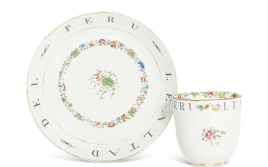 A RARE FAMILLE ROSE 'LOYALTY OF PERU' COFFEE CUP AND SAUCER, QIANLONG PERIOD, CIRCA 1785