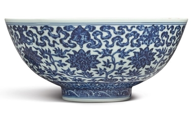 A LARGE BLUE AND WHITE MING-STYLE 'EIGHT BUDDHIST EMBLEMS' BOWL QIANLONG SEAL MARK AND PERIOD