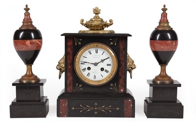 Inlaid Gilt-Incised Marble Clock Garniture