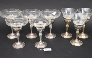 8 Sterling & Etched Glass Sherbets & Wines (one has rim chip)