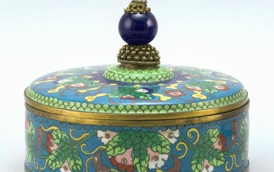 CHINESE CLOISONNÉ ENAMEL COVERED BOX Circular, with gourd and flower design. Cover fitted with blue glass mandarin hat bead and is i...