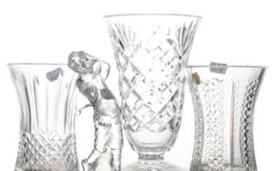 3 Waterford crystal vases, tazza, golfer figure