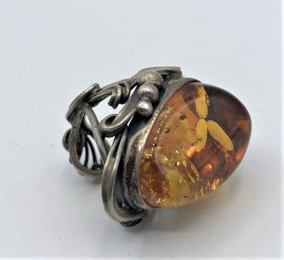 .925 Sterling Large Hand Crafted Designer Ring, Amber