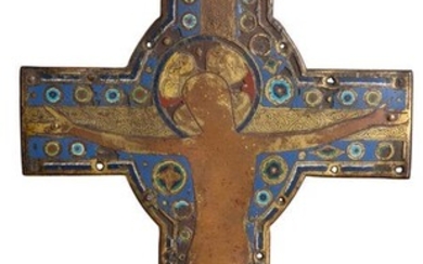 Large gilded copper cross with champlevé enamel.Limoges