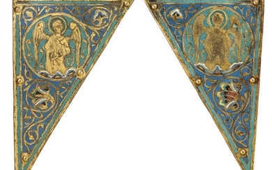 Two gilded and chased copper plaques with champlevé ena