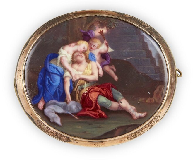 A 19th century Swiss enamel brooch, the oval enamel plaque painted to depict 'Venus lamenting the death of Adonis' in gilt frame with engraved detail (brooch pin deficient), approx. width 7.2cm