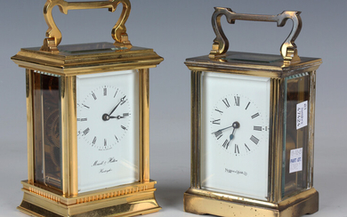 A 20th century lacquered brass carriage timepiece, the enamelled dial with Roman hour numerals and i