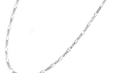 A 9CT WHITE GOLD CHAIN; long and short filed curb link chain to bolt ring clasp, length 69cm, wt. 2.3g.