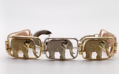 A 9ct tri-coloured gold bracelet, decorated elephants, 34.4 ...