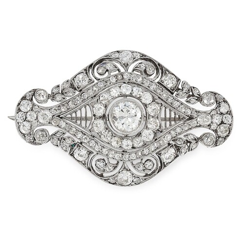 A BELLE EPOQUE DIAMOND OPENWORK BROOCH, of marquise shape wi...