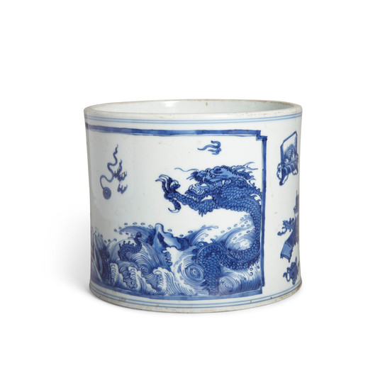 A BLUE AND WHITE 'DRAGONS AND ANTIQUES' BRUSH POT