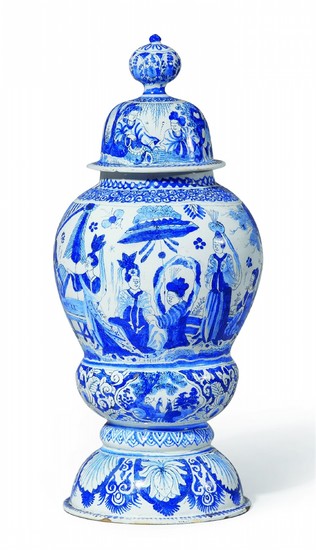 A Berlin faience vase and cover with blue chinoiserie decor