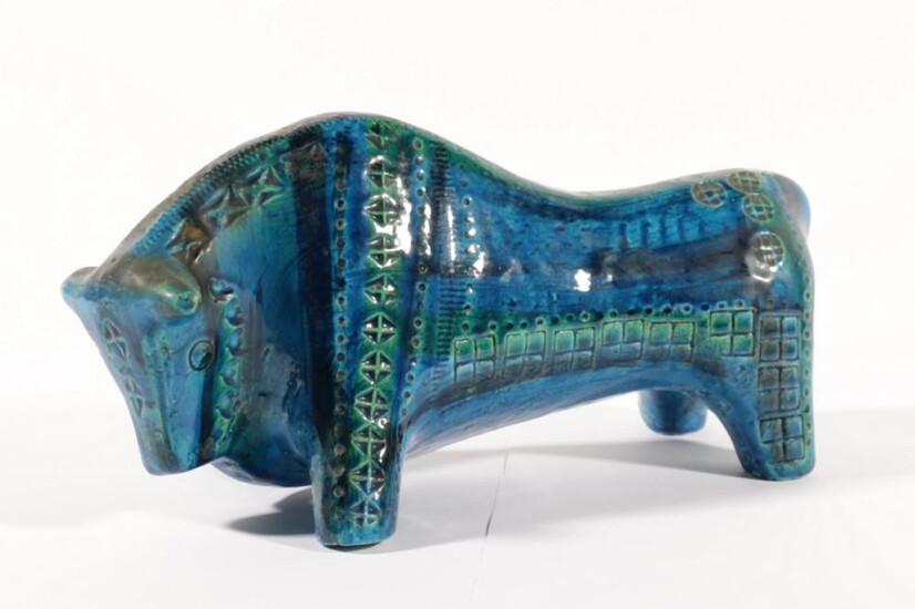 A Bitossi Blue Glazed Bull Figure (L:33cm)