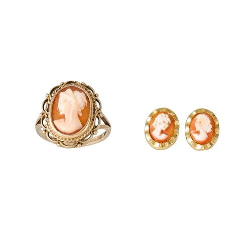 A CAMEO RING, mounted in 9ct gold, together with a pair of s...