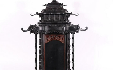 A CARVED ROSEWOOD PAGODA SHAPED NICHE