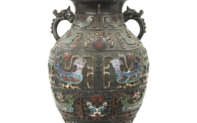 A CHINESE BRONZE AND CLOISONNE ENAMEL VASE decorated with dr...