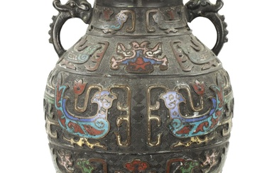 A CHINESE BRONZE AND CLOISONNE ENAMEL VASE decorated with...