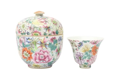 A CHINESE FAMILLE-ROSE 'MILLEFLEURS' CUP AND A JAR AND COVER 民國時期 粉彩萬花小杯及蓋罐