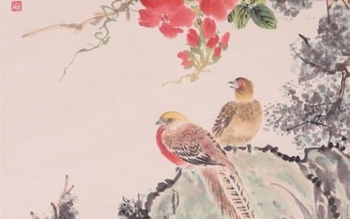 A CHINESE FLOWER AND BIRD PAINTING ON PAPER, HANGING SCROLL, YAN BOLONG MARK