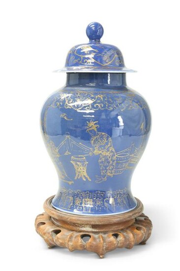 A CHINESE POWDER BLUE AND GILT VASE AND COVER, QING