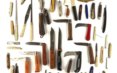 A COLLECTION OF VARIOUS POCKET KNIVES, KNIVES AND OTHER IMPLEMENTS