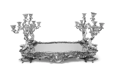 A CONTINENTAL SILVER-PLATED MIRROR PLATEAU CANDELABRUM POSSIBLY FRENCH, SECOND HALF 19TH CENTURY