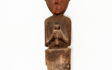 A Ceremonial Wooden Post Showing a Standing Male Holding a Cup, Chimu, Peru, 900-1470 CE