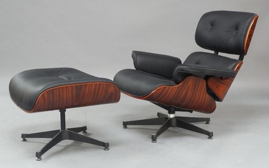A Charles and Ray Eames style lounge chair and ottoman, of recent manufacture, the Pau Ferro veneered plywood shells, with black leather upholstery, on aluminium swivel bases, Chair: 80cm high, 86cm wide Ottoman : 44cm high, 64cm wide, 54cm deep (2)