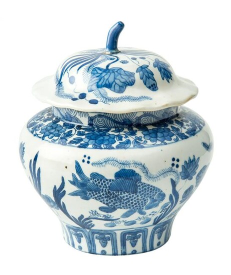 A Chinese Blue and White Fish Jar and Cover.