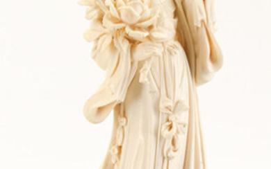 A Chinese Carved Ivory Figurine of a Lady Holding a Rose