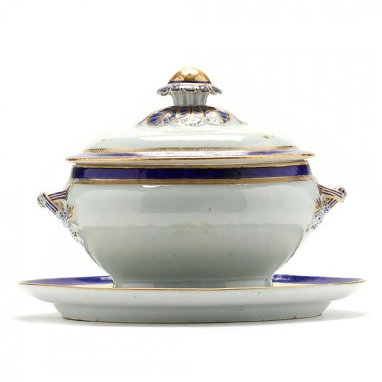 A Chinese Export Blue Enamel and Gilt Soup Tureen with