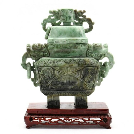 A Chinese Marbled Green Soapstone Covered Censer