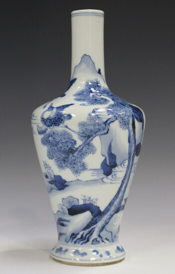 A Chinese blue and white porcelain shouldered bottle vase, Kangxi style but 20th century, painted wi