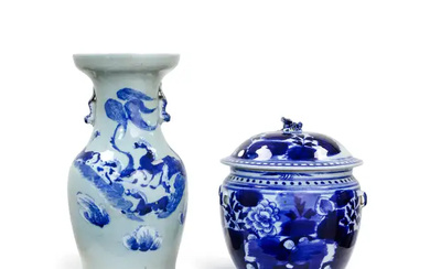 A Chinese celadon ground vase and a blue and white four tie...