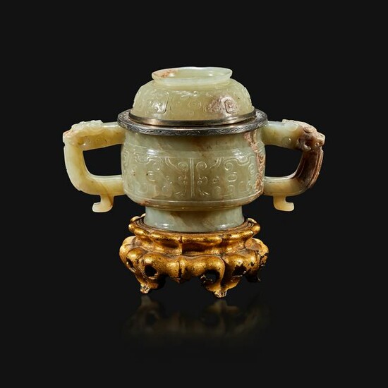 A Chinese pale celadon and brown jade censer and cover