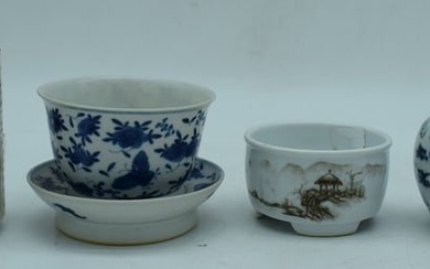 A Chinese porcelain blue and white bowl on a stand decorated with foliage together with a ginger jar