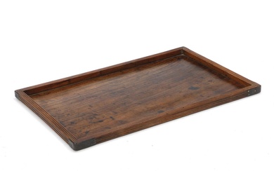 A Chinese ribbed tray of rectangular form, corners with metal enforcements. Hongmu....