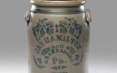 A Cobalt-Decorated 5-Gallon Stoneware Two-Handle Crock
