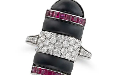 A DIAMOND, ONYX AND RUBY DRESS RING in 18ct white ...