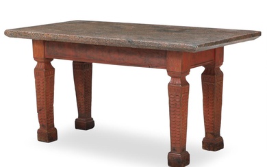 A Danish late Renaissance table with carved and red painted base, reddish...