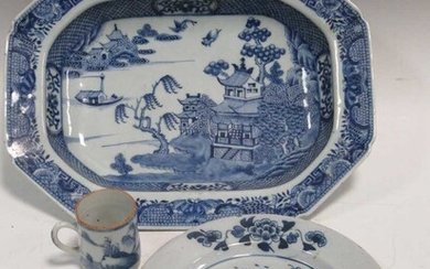 A Delft blue and white plate together with a Chinese Export blue and white platter and a similar